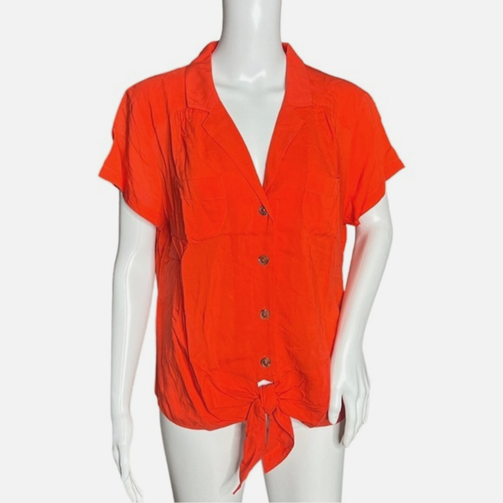 Anthropologie Maeve Shirt Women 8 Button Down Tie Front Blouse Red Orange Preppy